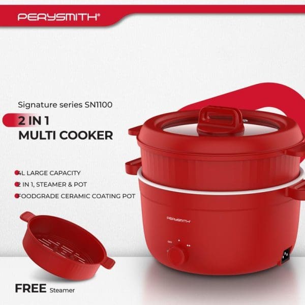 PerySmith Signature Series SN1100 red 4L 2-in-1 multi cooker with steamer pot, featuring large capacity, ceramic coating, and included free steamer accessory.