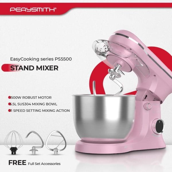 PerySmith EasyCooking Series PS5500 pink stand mixer with 5.5L stainless steel bowl, three mixing attachments, 500W motor, and speed control dial displayed.