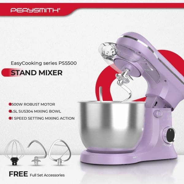 PerySmith EasyCooking PS5500 purple stand mixer with 5.5L stainless steel bowl, featuring 500W motor, speed settings, and free mixing accessories including whisk, dough hook, and beater.