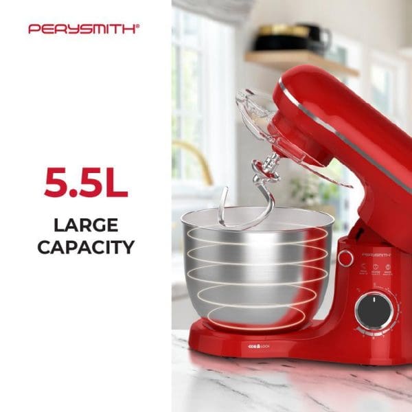 Red PerySmith PS5500 stand mixer with 5.5L stainless steel bowl and dough hook attachment on marble countertop in modern kitchen setting.