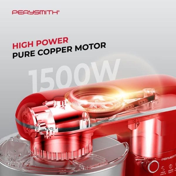 PerySmith PS5500 5.5L Stand Mixer with 1500W high power pure copper motor, red color, transparent mixing bowl, EasyCooking Series kitchen appliance.