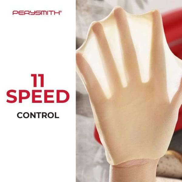 PerySmith Stand Mixer showing hand demonstrating 11-speed control feature with red mixer in background, highlighting precision mixing capabilities for baking needs.