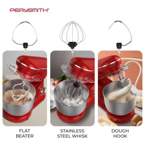 PerySmith 5.5L Stand Mixer with three attachments: flat beater, stainless steel whisk, and dough hook, shown mixing different ingredients in red mixer.