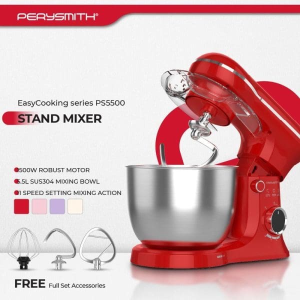 Red PerySmith EasyCooking PS5500 stand mixer with 5.5L stainless steel bowl, featuring 500W motor, multiple speed settings, and free mixing accessories displayed.