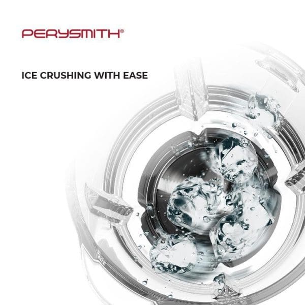 PerySmith 800W High Speed Blender with ice crushing feature showing clear glass jar with ice cubes and water splashing, demonstrating powerful blending capability.
