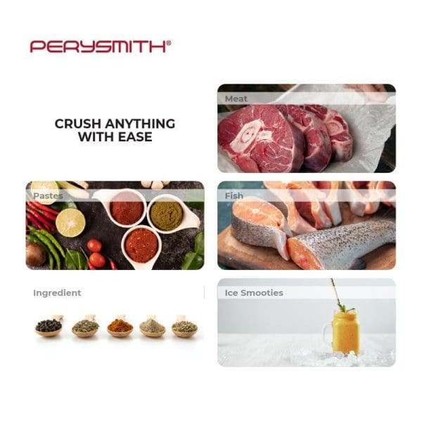 PerySmith 800W High Speed Blender showcasing versatility - crushes meat, fish, pastes, ingredients, and makes ice smoothies with ease across multiple food categories.