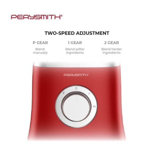 PerySmith red blender with two-speed adjustment dial showing P gear, 1 gear, and 2 gear settings for manual blending and softer/harder ingredients.