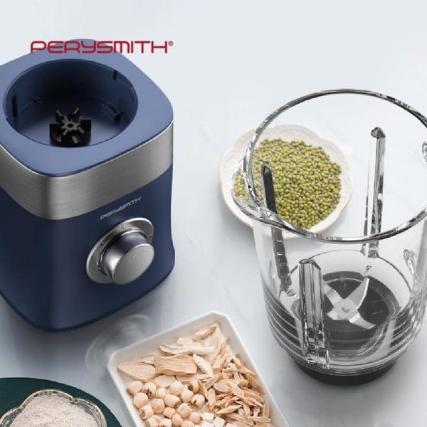 PerySmith 800W High Speed Blender PS3200 in blue with stainless steel accents, shown with glass blender jar containing green beans and ingredients bowl.