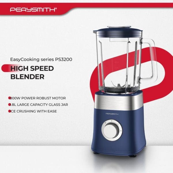 PerySmith PS3200 High Speed Blender with 800W motor, 1.8L glass jar, blue and silver design, ice crushing capability, EasyCooking series kitchen appliance.