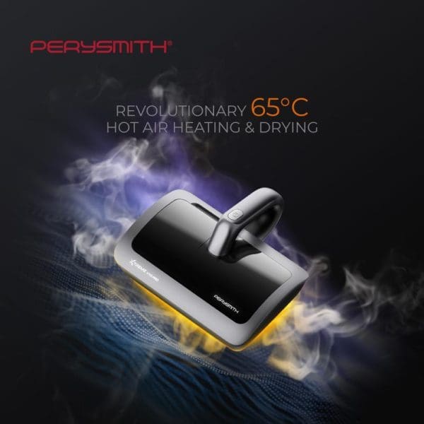 PerySmith V10 Pro dust mite vacuum cleaner with 65°C hot air heating and drying technology, shown with steam effects on fabric surface.