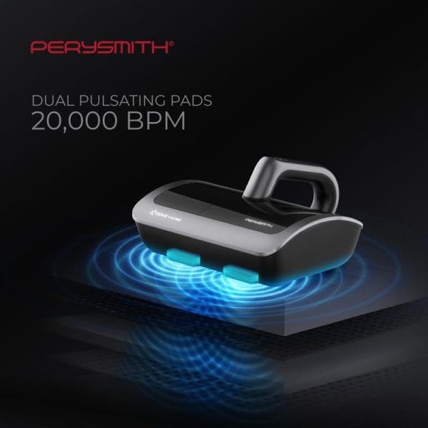 PerySmith V10 Pro dust mite vacuum cleaner with dual pulsating pads at 20,000 BPM, showing blue light effects on fabric surface.