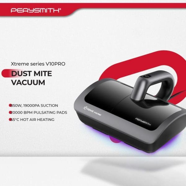 PerySmith Xtreme V10PRO dust mite vacuum cleaner with 850W power, 19000PA suction, pulsating pads, and hot air heating feature displayed on white background.