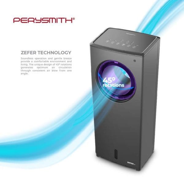 PerySmith Zefer T9 air cooler with 45° rotation technology, featuring sleek gray design, digital control panel, and blue airflow visualization for quiet cooling operation.