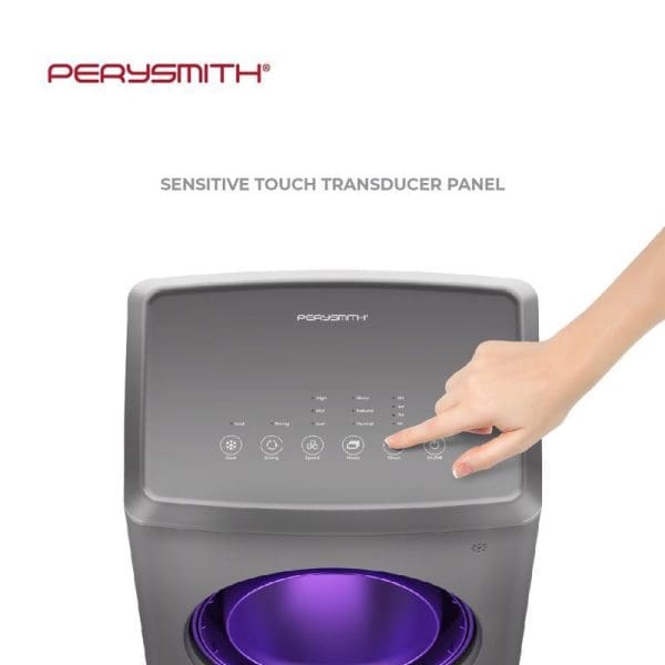 PerySmith Zefer Series T9 Air Cooler with sensitive touch transducer panel, showing hand touching control buttons and purple LED lighting at base.