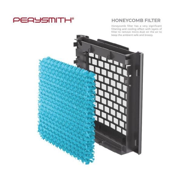 PerySmith honeycomb filter with blue cooling pad and black frame for Zefer Series T9 air cooler, showing filtering and cooling components.
