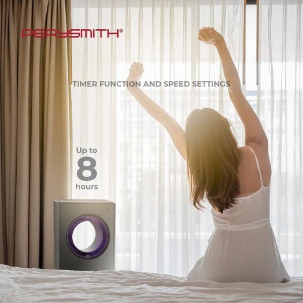 PerySmith Zefer Series T9 Air Cooler with timer function and 8-hour speed settings, woman stretching on bed in bright bedroom with curtains.