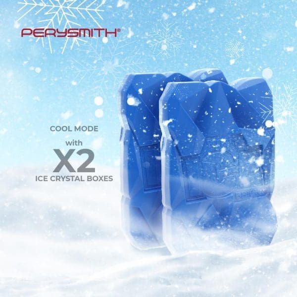 PerySmith Air Cooler Zefer Series T9 with Cool Mode featuring x2 ice crystal boxes against snowy blue winter background with snowflakes.