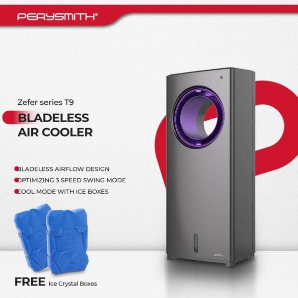 PerySmith Zefer Series T9 bladeless air cooler with purple LED ring, featuring 3-speed swing mode and free blue ice crystal boxes for cooling.