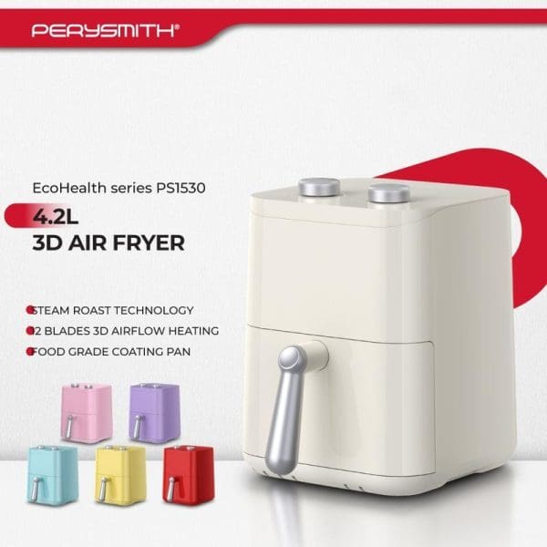 PerySmith EcoHealth PS1530 4.2L 3D Air Fryer in white with steam roast technology, 2-blade airflow heating, food grade coating pan, available in multiple colors.