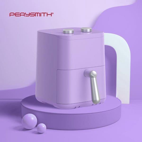 Purple PerySmith PS1530 EcoHealth Series Air Fryer with white handle and silver buttons, displayed on matching purple platform with decorative spheres against gradient background.