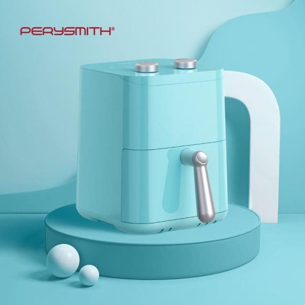 PerySmith PS1530 Ecohealth Series Air Fryer in turquoise blue color with silver handle and control knobs, displayed on matching blue platform with decorative spheres.