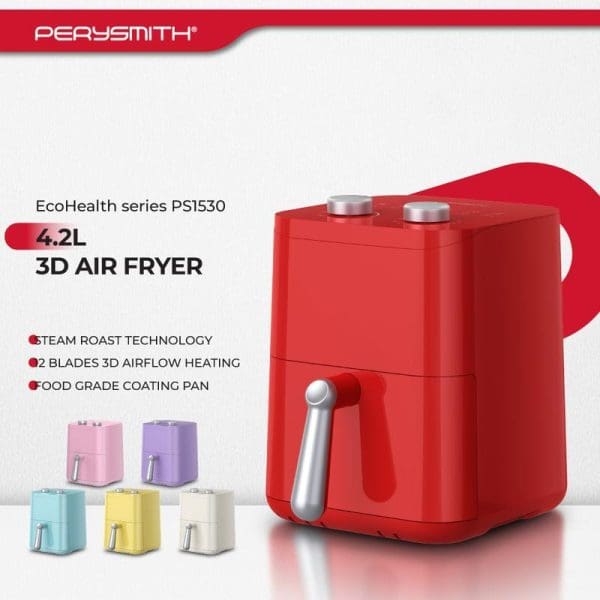 PerySmith EcoHealth PS1530 4.2L red air fryer with steam roast technology, 3D airflow heating, food grade coating, shown with available color variants.