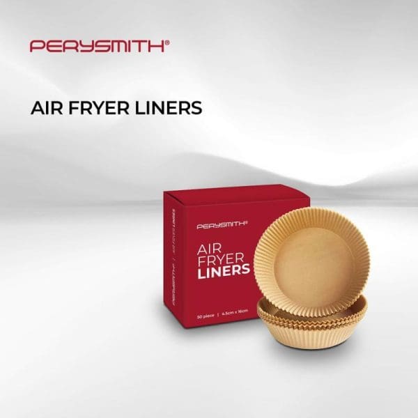 PerySmith Air Fryer Liners product image showing red packaging box and brown paper liners, 50 pieces, 4.5cm x 16cm size specifications displayed.
