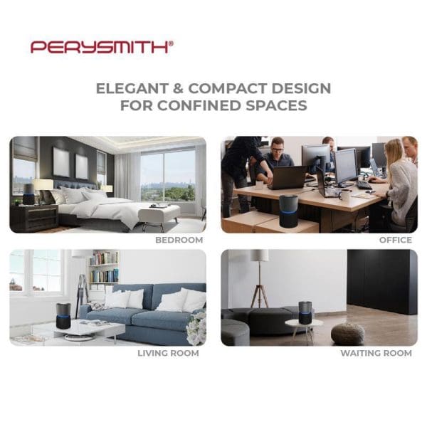 PerySmith AURORA Series H10 Air Purifier shown in four different room settings: bedroom, office, living room, and waiting room, highlighting its elegant compact design.