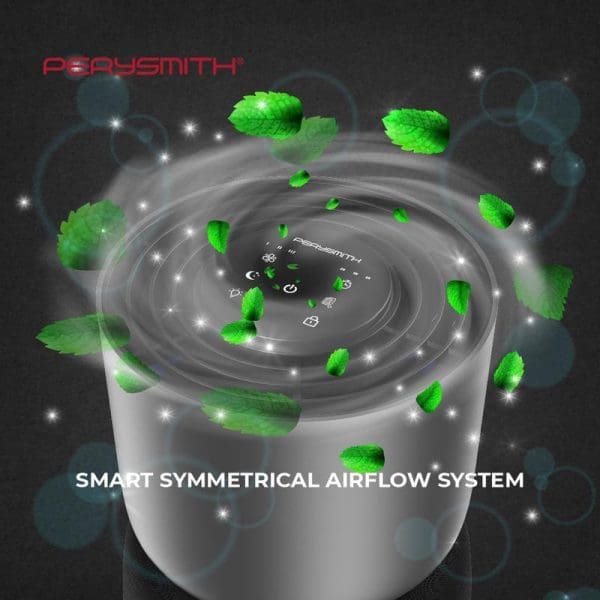 PerySmith AURORA Series H10 air purifier with smart symmetrical airflow system, showing circular air circulation pattern and green leaves representing air purification technology.