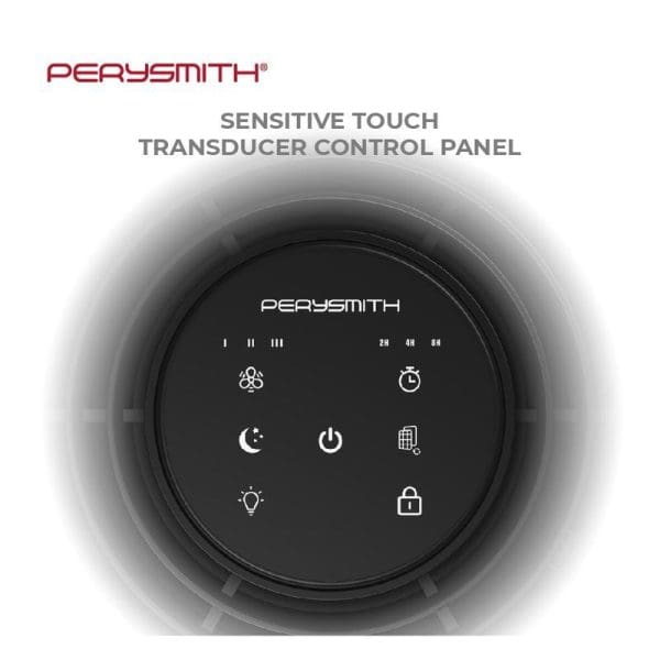 PerySmith AURORA Series H10 air purifier with black circular sensitive touch transducer control panel featuring various function icons and settings buttons.