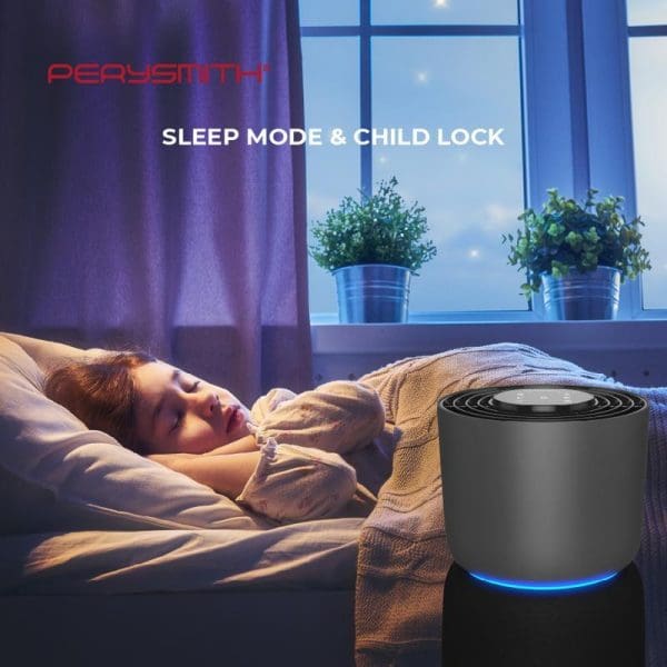 PerySmith AURORA Series H10 air purifier with blue LED light on bedside table next to sleeping woman, featuring sleep mode and child lock functions.