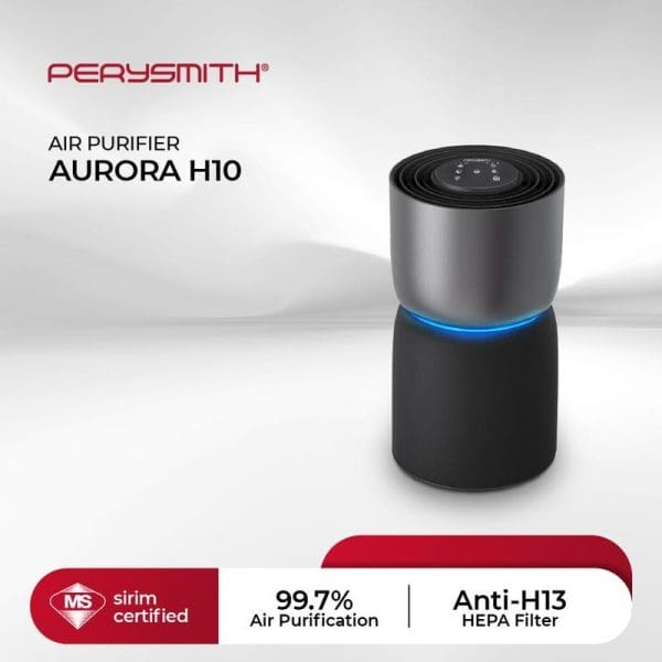 PerySmith Aurora H10 Air Purifier with blue LED ring, featuring 99.7% air purification, Anti-H13 HEPA filter, and Sirim certified logo on white background.