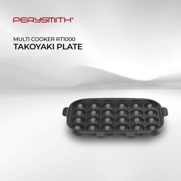 PerySmith Multi Cooker RT1000 Takoyaki Plate accessory with round indentations for making Japanese takoyaki balls, black non-stick surface with handles.