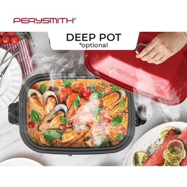 PerySmith All-In-One Multi Cooker deep pot accessory with red lid, showing cooked paella with mussels, vegetables and herbs steaming inside black cooking pot.