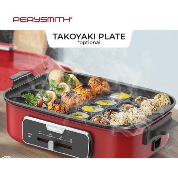 PerySmith All-In-One Multi Cooker RT1000 with optional Takoyaki plate accessory, showing red electric cooker cooking takoyaki balls and vegetables with steam rising.
