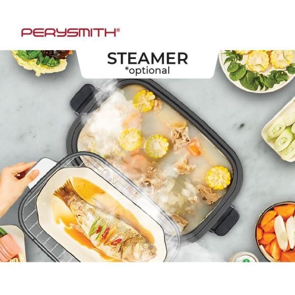 PerySmith steamer accessory cooking corn and meat in multi cooker with steamed fish below, surrounded by various prepared dishes on marble surface.