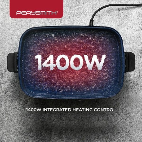 PerySmith All-In-One Multi Cooker Retro Series RT1000 with 1400W integrated heating control, featuring blue non-stick cooking surface and black handles on concrete background.