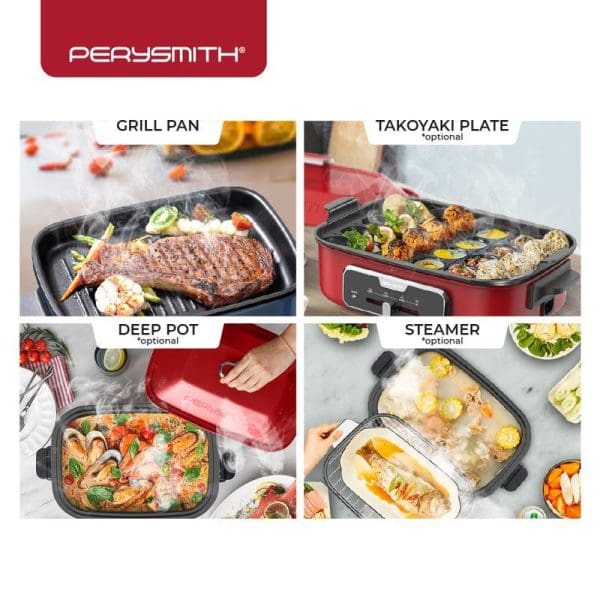 PerySmith All-In-One Multi Cooker RT1000 showing four cooking functions: grill pan with steak, takoyaki plate, deep pot with seafood, and steamer with dim sum.