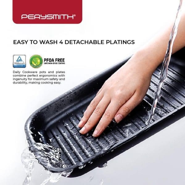 Hand washing a black non-stick grill plate under running water, demonstrating easy cleaning of PFOA-free detachable platings from PerySmith multi cooker.