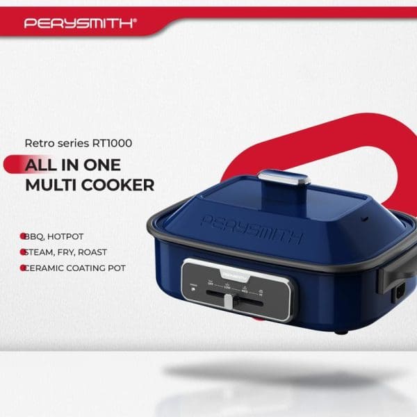 PerySmith Retro Series RT1000 All-In-One Multi Cooker in blue with ceramic coating pot, featuring BBQ, hotpot, steam, fry, and roast functions.