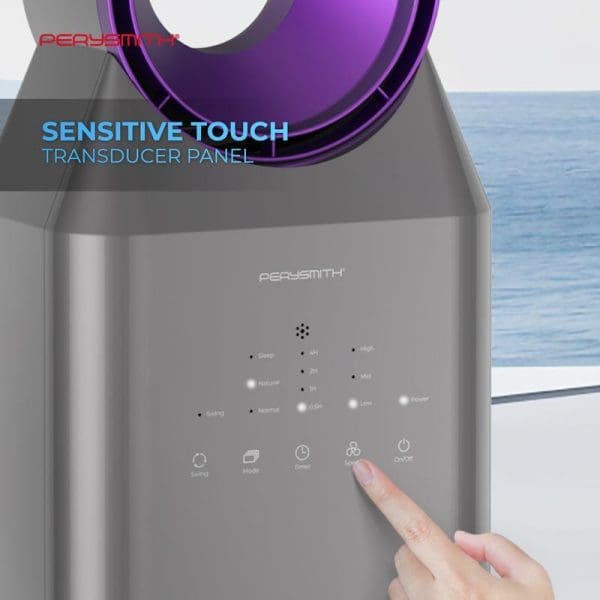 PerySmith bladeless fan with sensitive touch transducer panel showing control interface, person's finger touching the sleek gray device near ocean view.