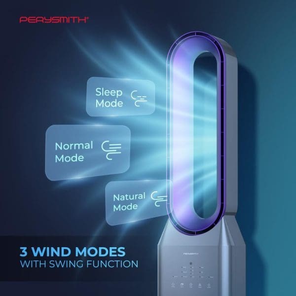PerySmith Bladeless Fan Zefer Series T12 with three wind modes (Sleep, Normal, Natural) and swing function, featuring modern design with LED lighting and digital controls.