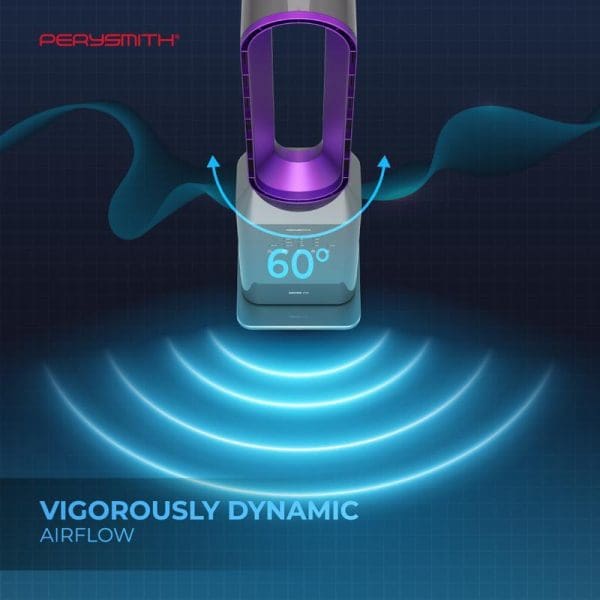 PerySmith Bladeless Fan Zefer Series T12 with 60-degree oscillation feature, showing vigorous dynamic airflow patterns in blue against dark background for barangelektrik.my