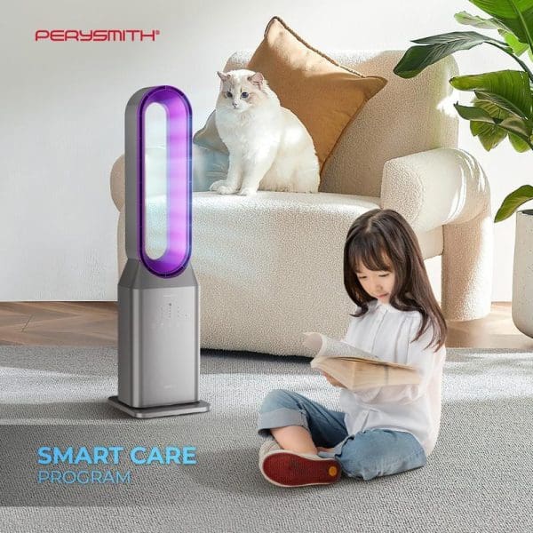 PerySmith Zefer Series T12 bladeless fan with purple LED lighting in modern living room setting with child reading and white cat on beige armchair.