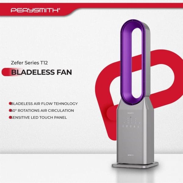 PerySmith Zefer Series T12 Bladeless Fan with purple ring, silver base, LED touch panel, featuring bladeless air flow technology and 360° rotation air circulation.