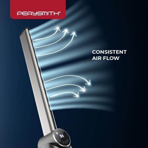 PerySmith Zefer Series T11 bladeless tower fan with consistent airflow arrows showing smooth air circulation from sleek vertical design with control base.