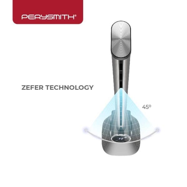 PerySmith Zefer Technology bladeless tower fan with 45-degree oscillation angle, showing airflow visualization and modern sleek design for cooling solutions.