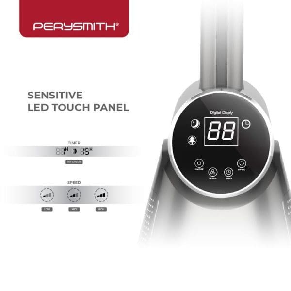 PerySmith Zefer Series T11 Bladeless Tower Fan with sensitive LED touch panel, digital display showing 88, timer and speed controls