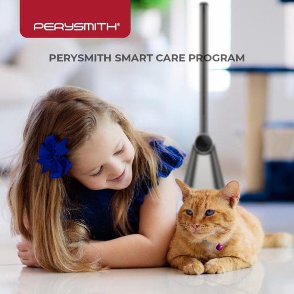 Young girl with blue hair accessories lying on floor next to orange cat in modern home setting with PerySmith Smart Care Program branding displayed above.