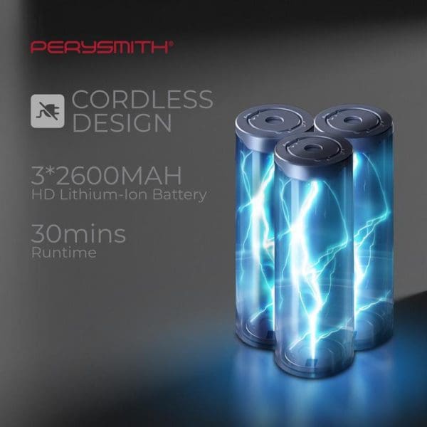 PerySmith cordless dust mite vacuum cleaner featuring three 2600mAh lithium-ion batteries with blue lightning effects, 30-minute runtime, cordless design promotional image.